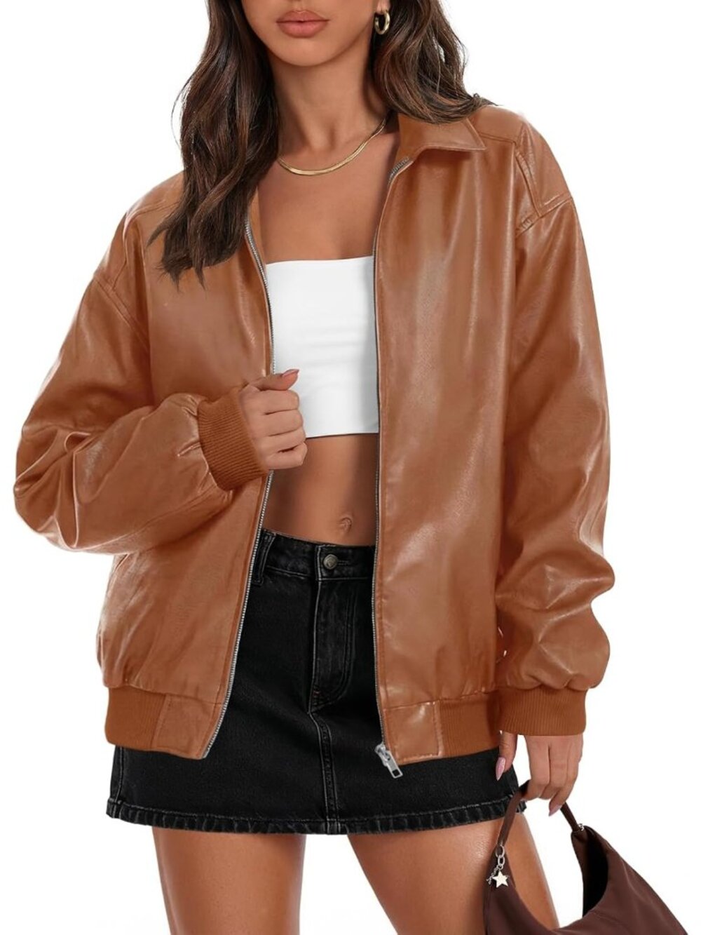 Women's Caramel Fall Winter Oversized Faux Leather Bomber Jacket Long Sleeve